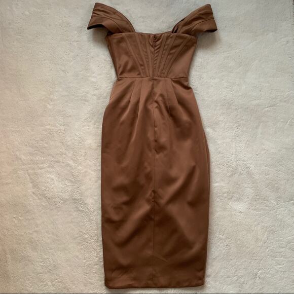 HOUSE OF CB Loretta Brown Toffee Satin Off Shoulder Corset Bustier Drape Dress - Picture 10 of 15